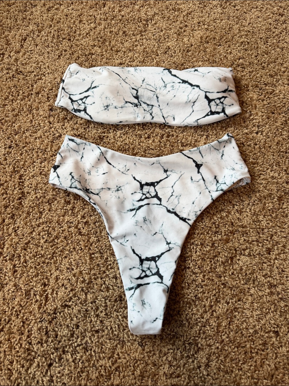 White Marble Print Bandeau Bikini Set